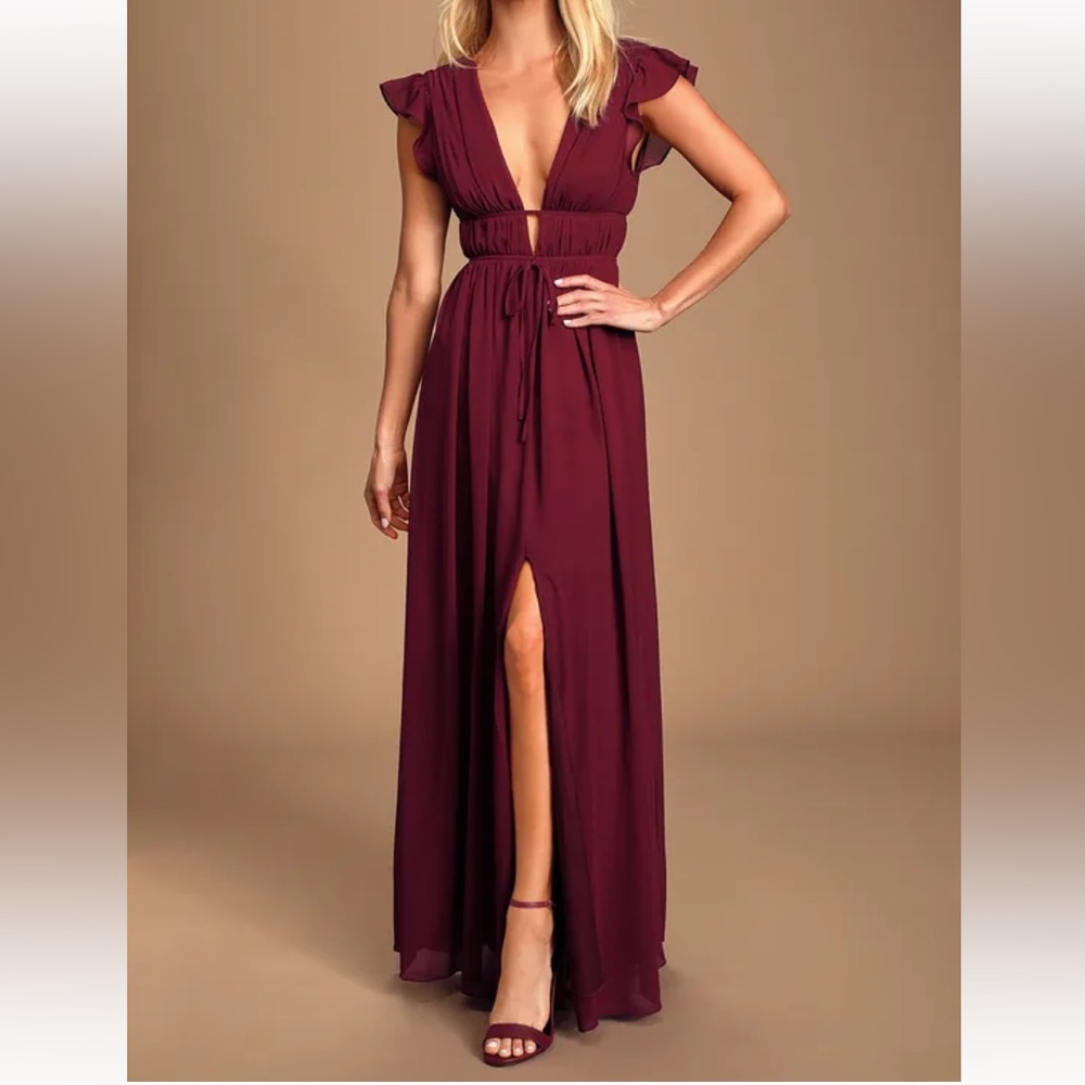 Iām All Yours Burgundy Ruffled Maxi Dress